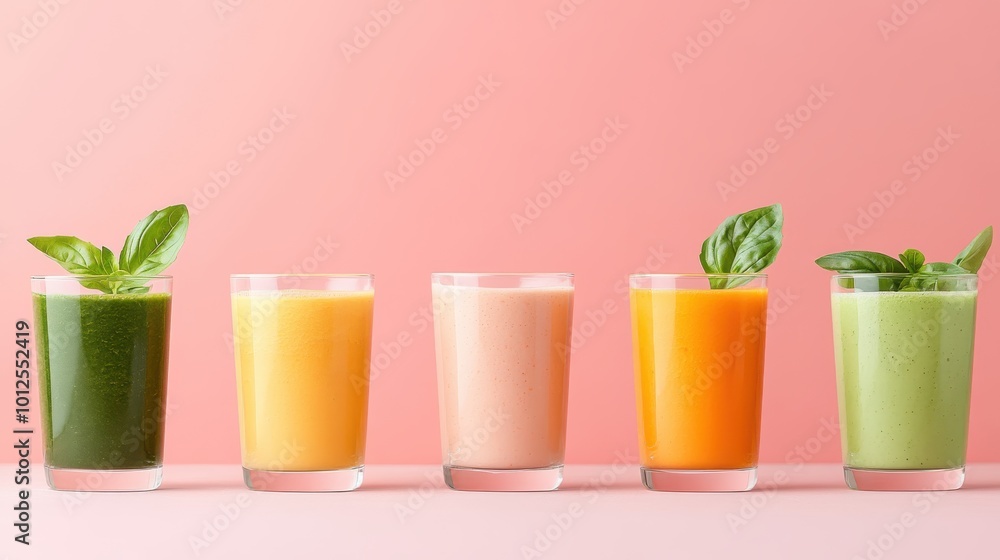 A vibrant row of five smoothies—two green, one pink, one orange, and one yellow—all garnished with fresh mint, are creatively displayed on a pink backdrop. A vibrant row of five smoothies—two green, one pink, one orange, and one yellow—all garnished with fresh mint, are creatively displayed on a pink backdrop.