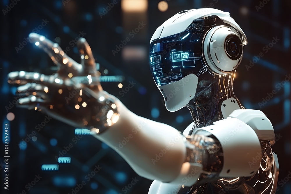 Futuristic humanoid robot reaching out with a digital interface. Futuristic humanoid robot reaching out with a digital interface.