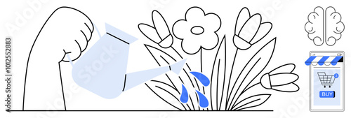 Hand watering flowers with a watering can emphasizes growth and nurturing. A brain symbolizes ideas and learning. An online shopping cart on a mobile device. Ideal for gardening, education, online