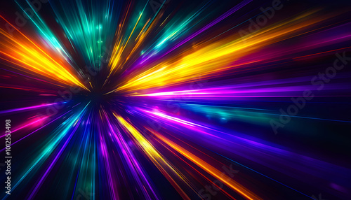 Vivid Burst of Light Rays in Motion – Abstract Energy Explosion with Multicolor Beams on Dark Background, Vibrant Spectrum Effect for Dynamic Design or Tech Concept