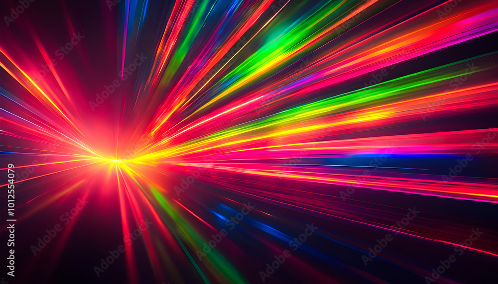 Obraz premium Vivid Burst of Light Rays in Motion – Abstract Energy Explosion with Multicolor Beams on Dark Background, Vibrant Spectrum Effect for Dynamic Design or Tech Concept