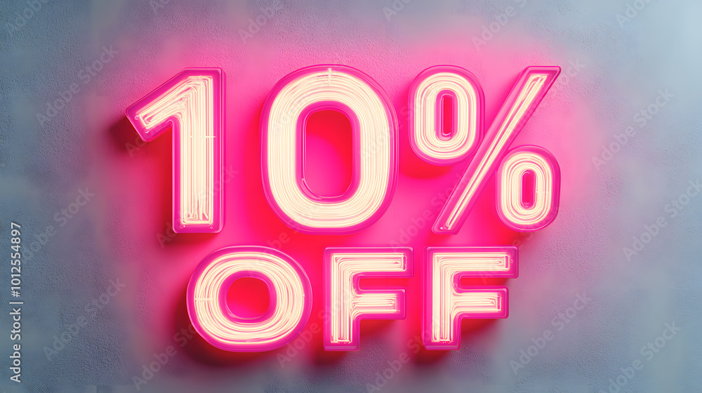 Bold neon-style 10 percent OFF sign with bright red text and glowing yellow outline on light grey background Bold neon-style 10 percent OFF sign with bright red text and glowing yellow outline on light grey background
