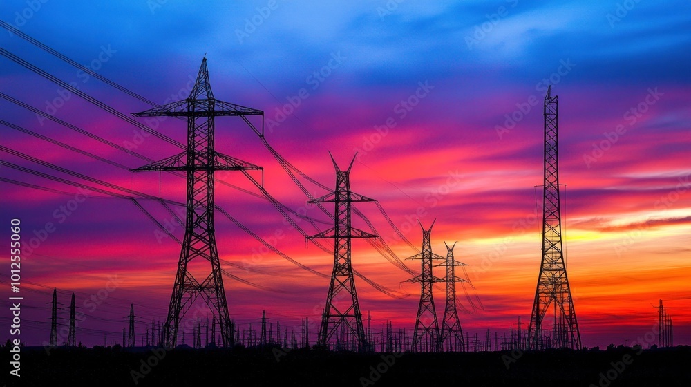 Fototapeta premium Silhouettes of Power Lines at Sunset