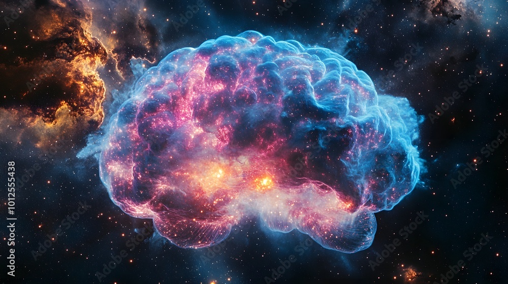 A mesmerizing view of a cosmic nebula taking the form of a human brain, illuminated by radiant hues of blue, pink, and purple, representing the boundless expanse of human thought and innovation. A mesmerizing view of a cosmic nebula taking the form of a human brain, illuminated by radiant hues of blue, pink, and purple, representing the boundless expanse of human thought and innovation.