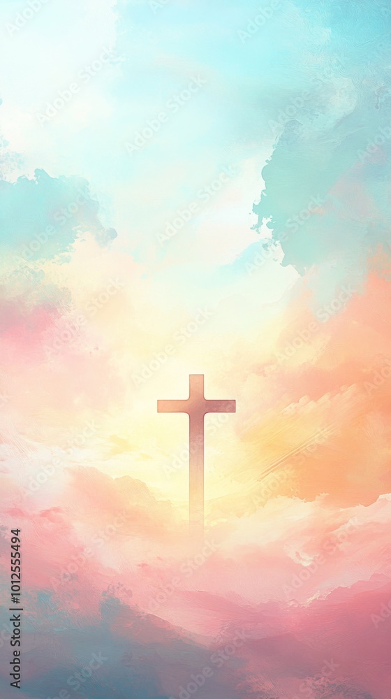 A serene background with soft pastel colors, featuring an elegant cross silhouette against the sky, symbolizing hope and connection to God's love A serene background with soft pastel colors, featuring an elegant cross silhouette against the sky, symbolizing hope and connection to God's love