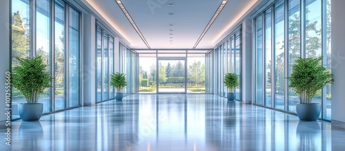 Modern office hallway with glass walls, potted plants, and a view of a green garden through the large glass doors.