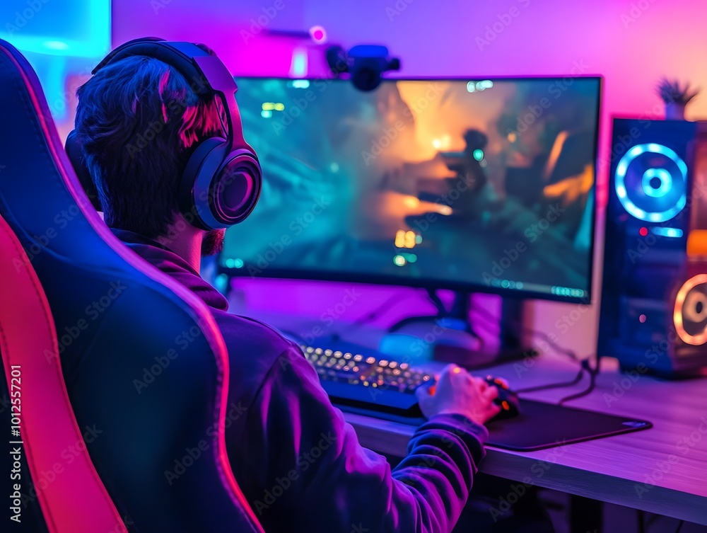 Gamer immersed in a colorful gaming setup with a monitor. Gamer immersed in a colorful gaming setup with a monitor.