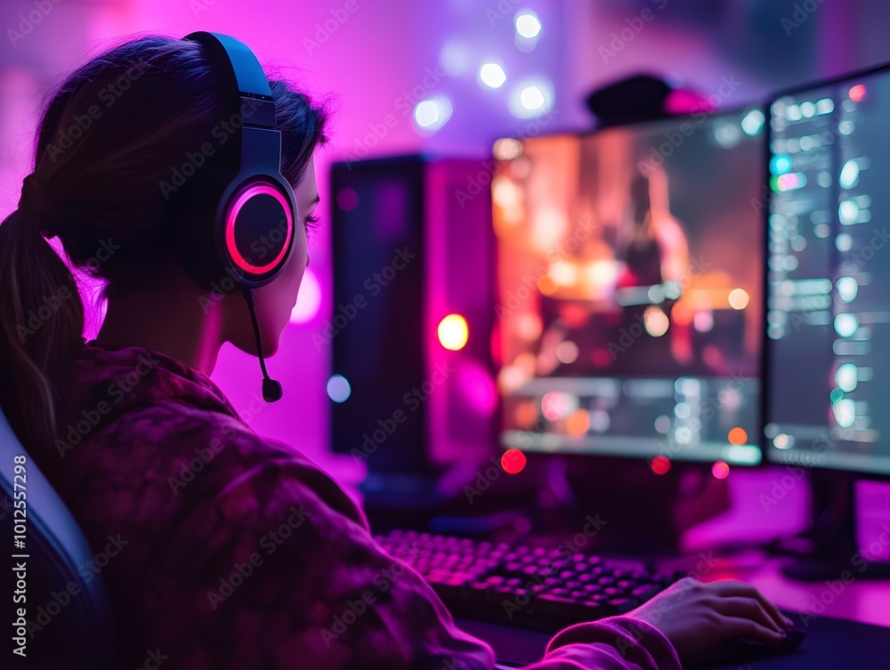 Gamer focused on dual monitors with vibrant lighting. Gamer focused on dual monitors with vibrant lighting.