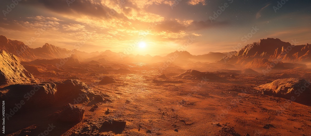 A panoramic view of a red, barren, rocky landscape with a distant sunset. A panoramic view of a red, barren, rocky landscape with a distant sunset.