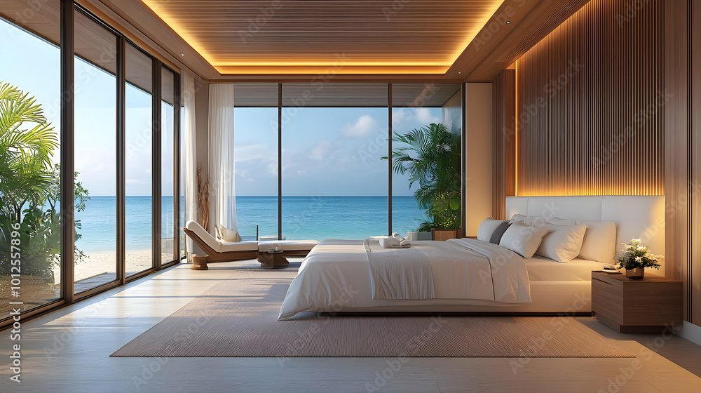 Modern Bedroom with Ocean View 3D Illustration Modern Bedroom with Ocean View 3D Illustration