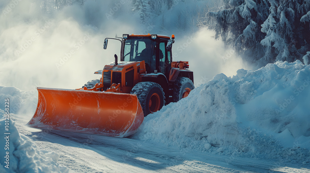 Orange snow plow in action, clearing heavy snow from a road during winter, pushing snow aside with precision Orange snow plow in action, clearing heavy snow from a road during winter, pushing snow aside with precision