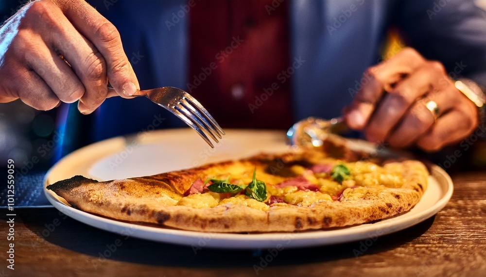 Faceless man eat Calzone in restaurant with bokeh background. Italian Food. Faceless man eat Calzone in restaurant with bokeh background. Italian Food.