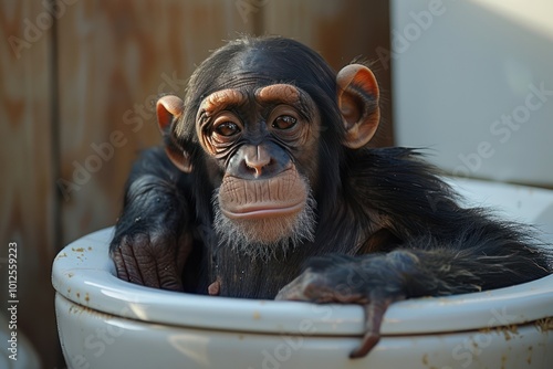 Primate Potty Time: Chimpanzee Using Toilet Generated by AI photo