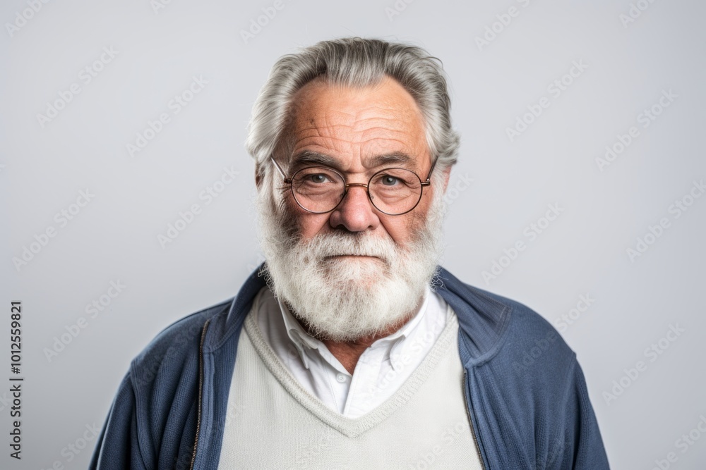 Portrait of a senior man with white beard and glasses. Isolated on grey background. Portrait of a senior man with white beard and glasses. Isolated on grey background.