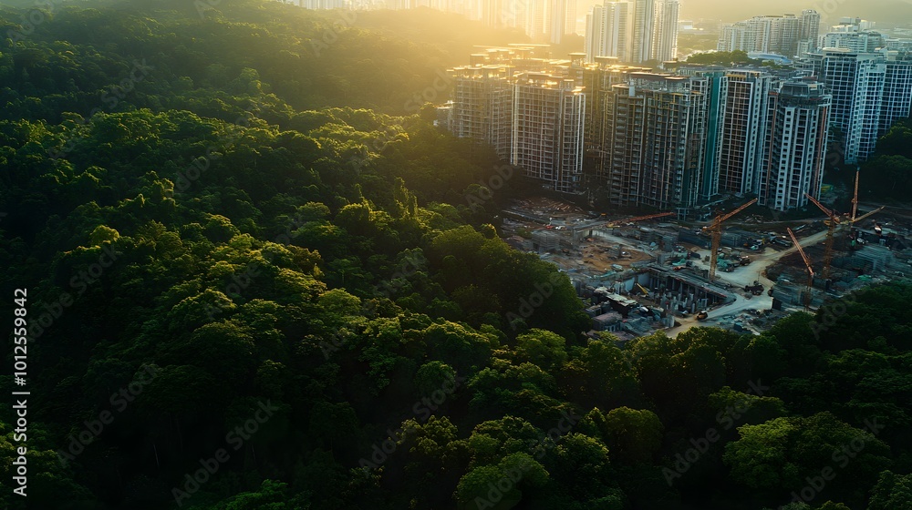 Altering Forests A striking image of a city’s edge encroaching on a dense forest, with ...