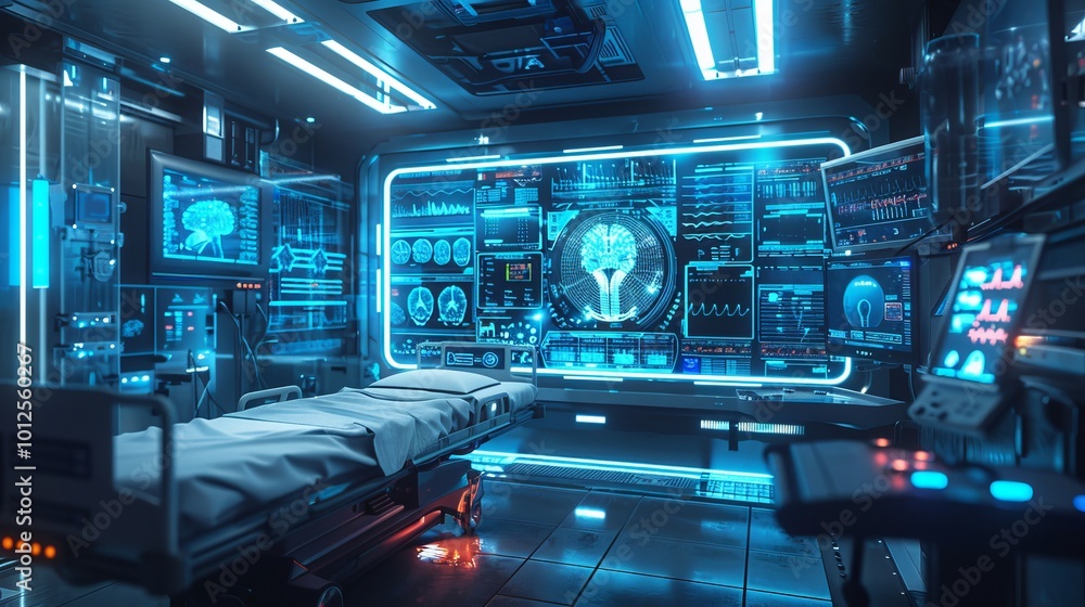 Medical technology theme background with a digital hospital environment and medical treatment simulations Medical technology theme background with a digital hospital environment and medical treatment simulations