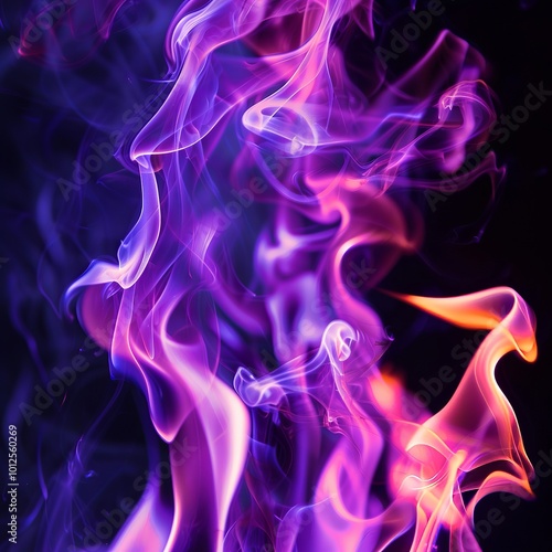 Purple fire flames isolated on black background, purple smoke