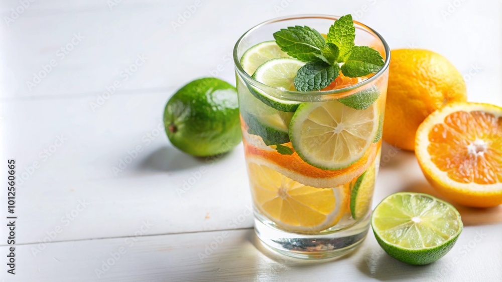 Refreshing drink with citrus slices and mint leaves in a glass. Refreshing drink with citrus slices and mint leaves in a glass.