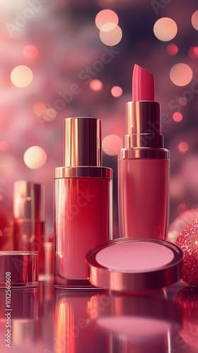 A collection of pink cosmetics with a soft, dreamy background. photo