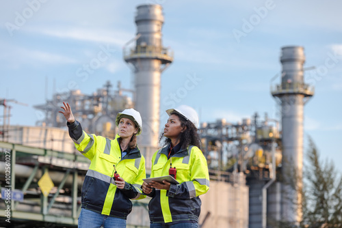 Female Engineers Conducting Inspection at Industrial Plant, Wearing Safety Gear and Discussing Operations with Pipes and Towers in the Background