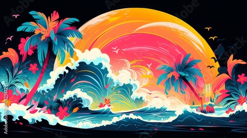 Beach Wave Artwork: Summer Vector Graphic Design for Apparel, Stickers, Posters, and Surfing Club Themes in Miami Beach Paradise photo