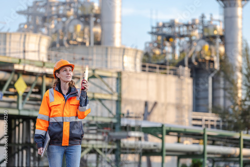 Engineer Conducting Inspection at Industrial Plant with Safety Gear and Communication Device photo