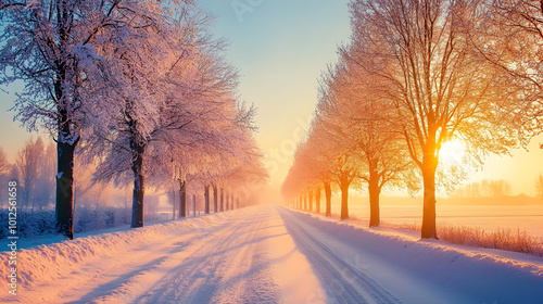 Snow-covered road lined with trees bathed in golden sunset light with branches dusted in snow