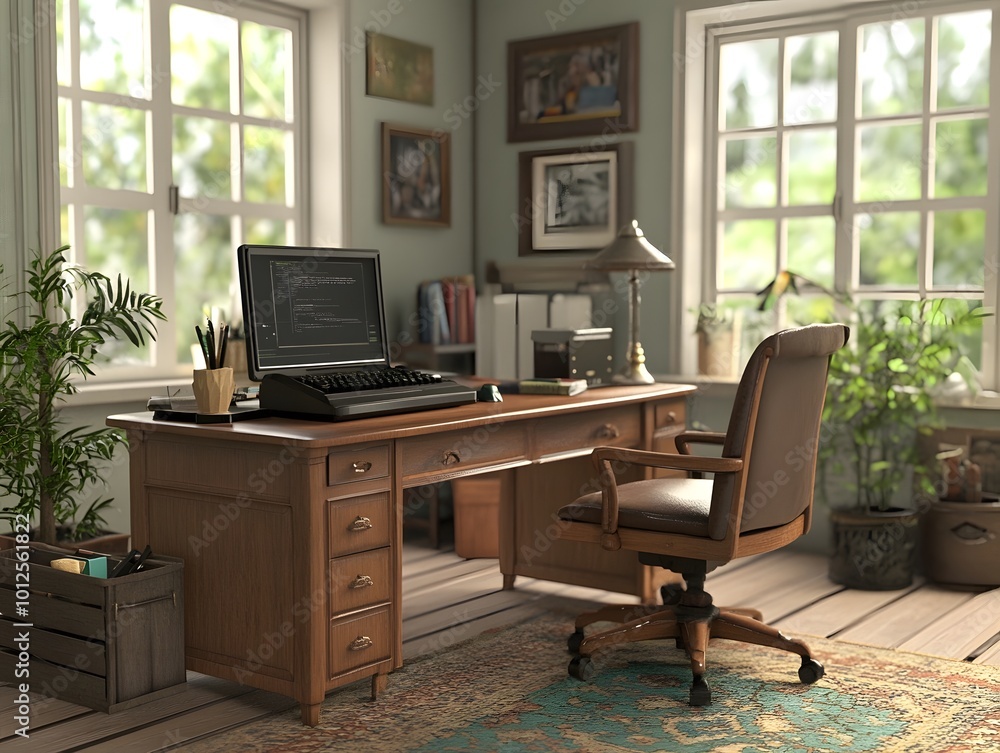 Cozy home office with a desk, computer, and plants. Cozy home office with a desk, computer, and plants.