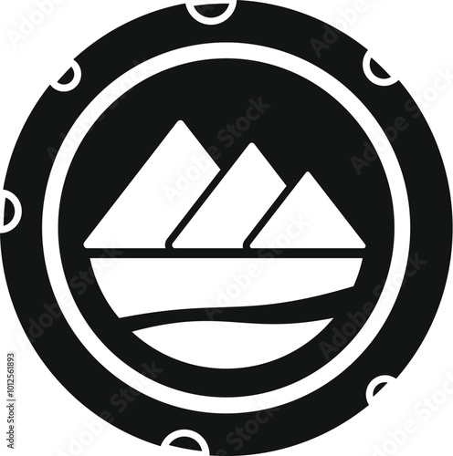 Black round icon depicting a side view of the three pyramids of giza rising above the nile river