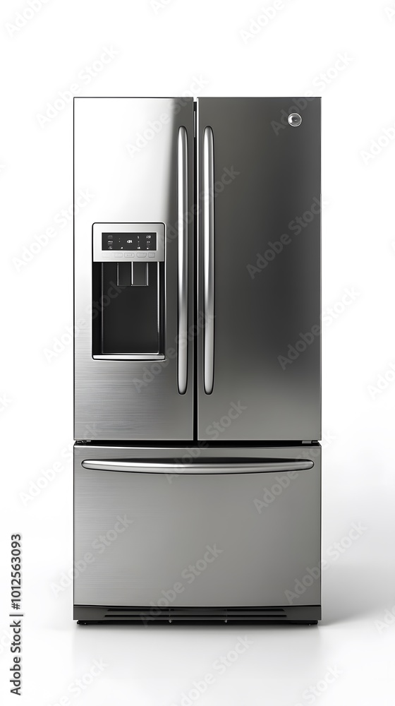 Modern stainless steel refrigerator with ice and water dispenser. Modern stainless steel refrigerator with ice and water dispenser.