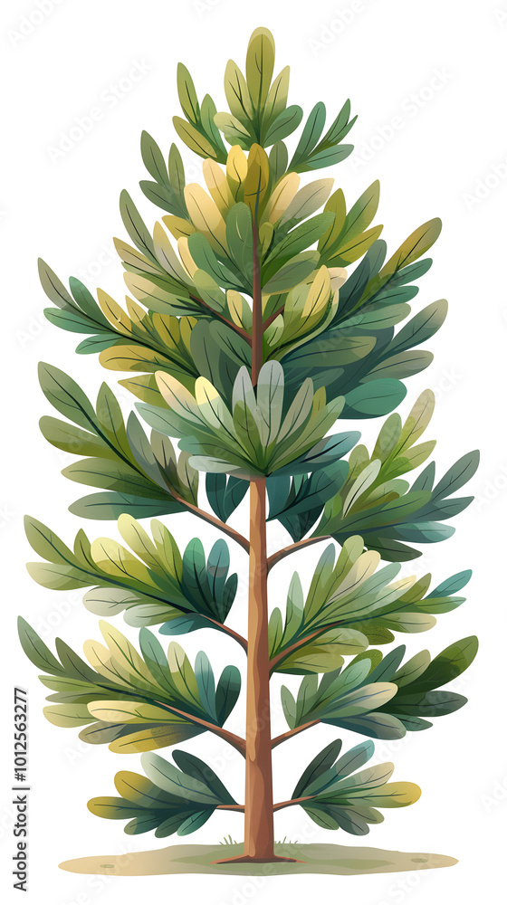 Obraz premium An illustration of an evergreen pine tree with lush green leaves, set against a clean white background. The twinkling lights on the tree make it a perfect Christmas decoration