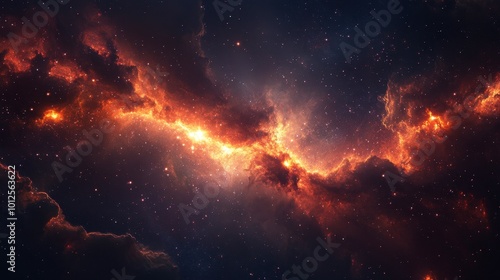 A breathtaking panorama of a galaxy with glowing nebula clouds and bright star clusters, set against the deep, dark backdrop of space.