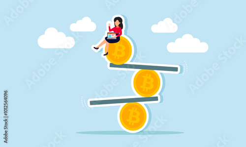 A businessman sitting on a pile of bitcoins and a board while carrying a laptop, illustrating the calculation of bitcoin valuation stability.