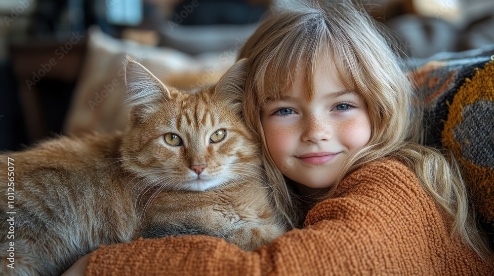 A girl cuddling her orange cat, both smiling together warmly. A girl cuddling her orange cat, both smiling together warmly.