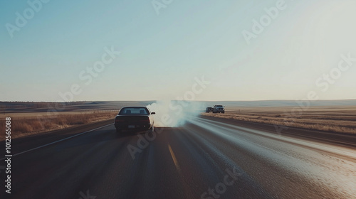 Abandoned car on desolate highway. Engine smokes. Tow truck in distance. Empty road to horizon.