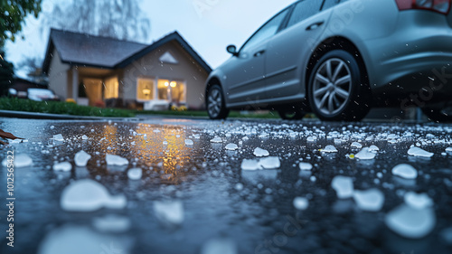 Hail pummels  a car in the driveway of a suburban home, parked outside. A damaging hailstorm, hail stones on the ground, hail damaged house and car, weather damage to property, insurance claims, PDR