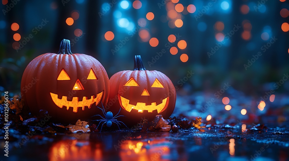 Two glowing jack-o'-lanterns with carved faces, surrounded by autumn leaves and a spider, in a dark forest setting with twinkling lights. Two glowing jack-o'-lanterns with carved faces, surrounded by autumn leaves and a spider, in a dark forest setting with twinkling lights.