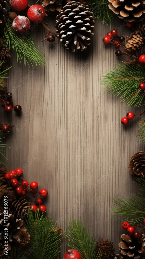 Christmas Border Frame of Tree Branches, Red Berries, and Pine Cones on Dark Wood Background Christmas Border Frame of Tree Branches, Red Berries, and Pine Cones on Dark Wood Background