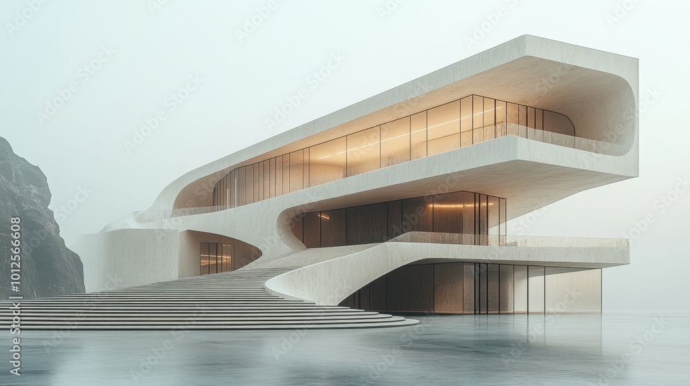 Fototapeta premium 3D model of a tranquil museum building, positioned at a diagonal angle to emphasize its artistic architecture, against a white background. The color tone includes soft greys and whites, using 