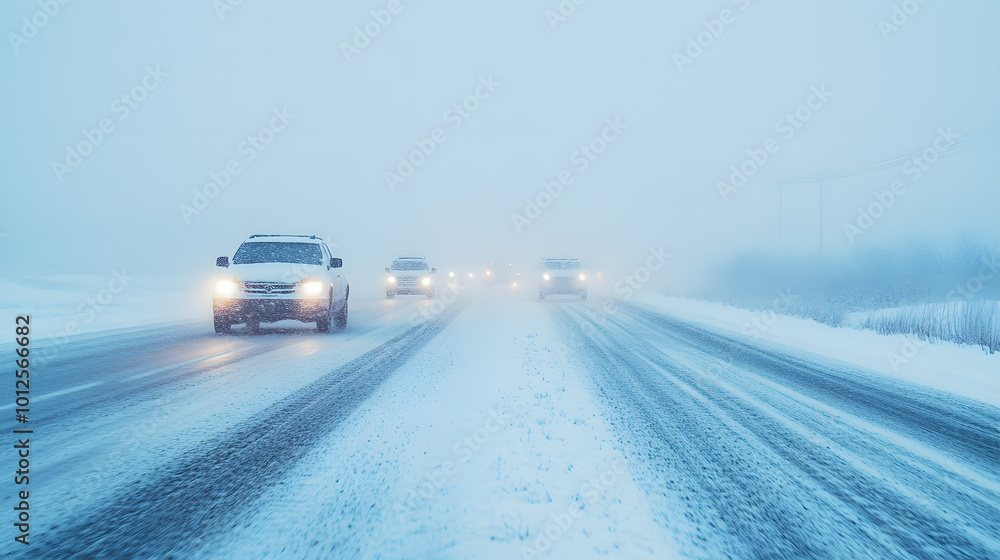 Blizzard on a snowy highway with cars and trucks moving carefully through heavy snowfall and low visibility