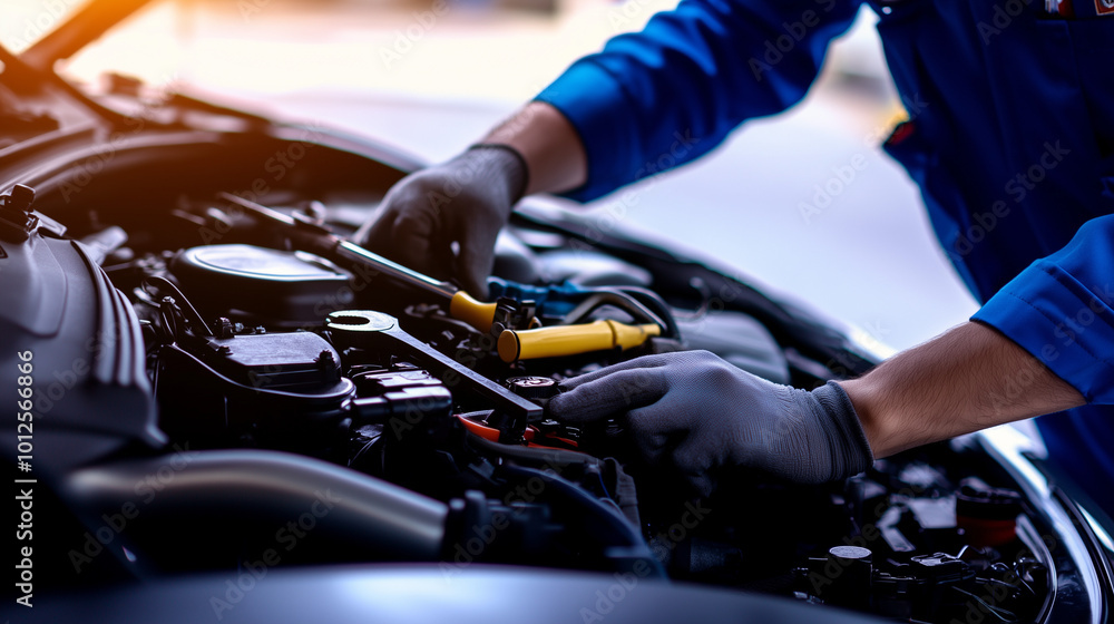 Mechanic inspecting engine with tools scattered around, symbolizing vehicle malfunction and repair process. Mechanic inspecting engine with tools scattered around, symbolizing vehicle malfunction and repair process.