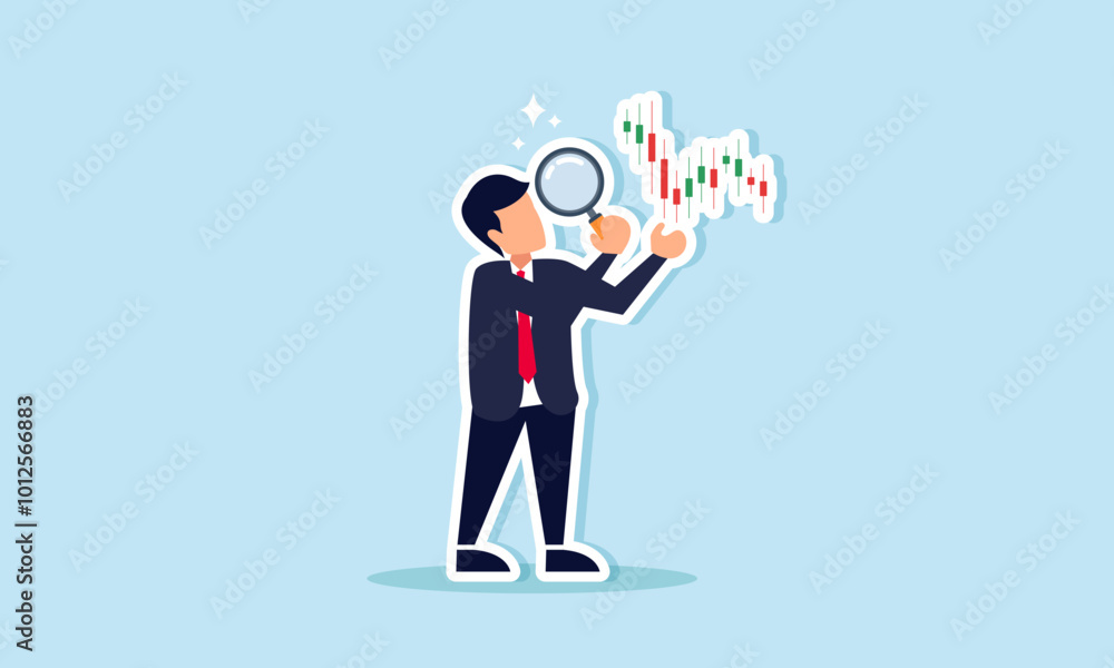 A businessman is examining a stock chart with a magnifying glass, illustrating research on the company's stock movement. A businessman is examining a stock chart with a magnifying glass, illustrating research on the company's stock movement.