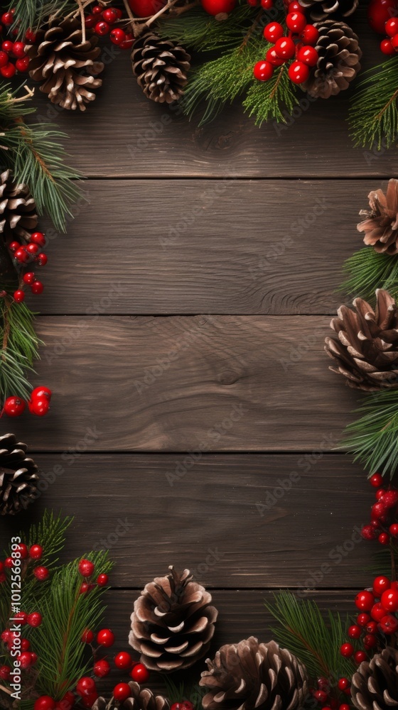 Christmas Border Frame of Tree Branches, Red Berries, and Pine Cones on Dark Wood Background Christmas Border Frame of Tree Branches, Red Berries, and Pine Cones on Dark Wood Background