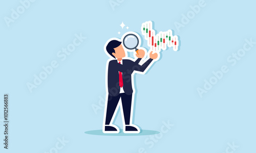 A businessman is examining a stock chart with a magnifying glass, illustrating research on the company's stock movement.