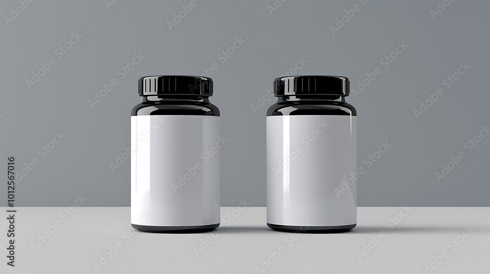 Two black pill bottles with white labels sit on a white surface against a gray background. Two black pill bottles with white labels sit on a white surface against a gray background.