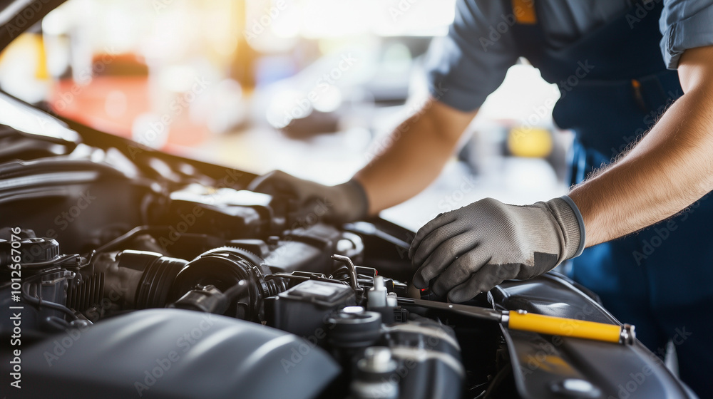 Mechanic inspecting engine with tools scattered around, symbolizing vehicle malfunction and repair process. Mechanic inspecting engine with tools scattered around, symbolizing vehicle malfunction and repair process.