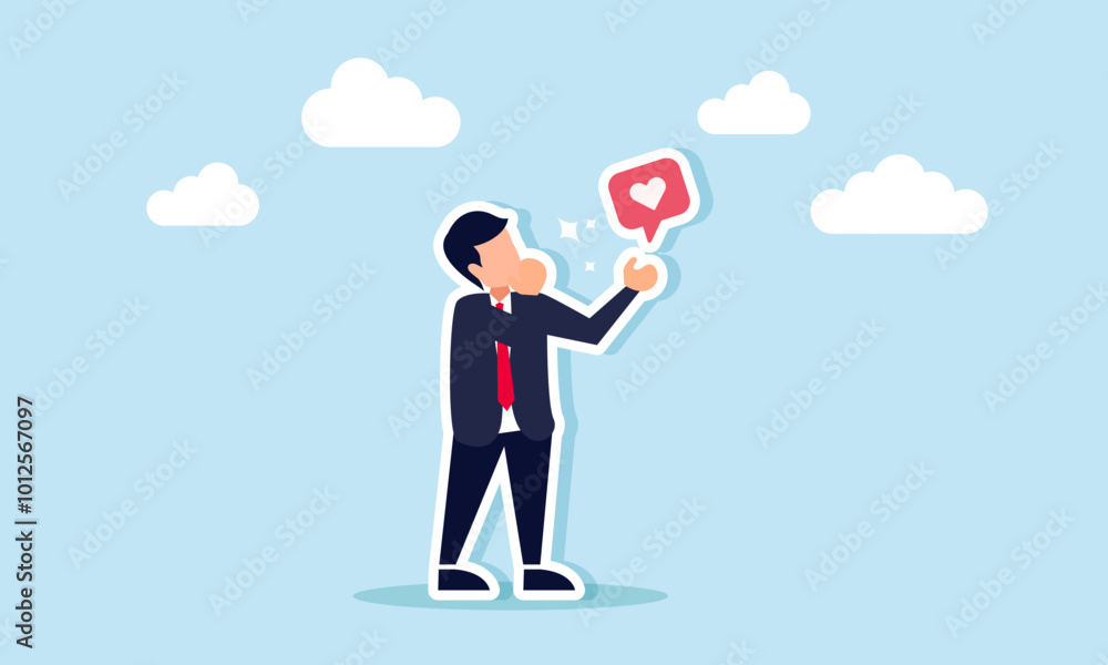 A businessman is showing a shiny heart symbol, illustrating appreciation for the performance of the team. A businessman is showing a shiny heart symbol, illustrating appreciation for the performance of the team.