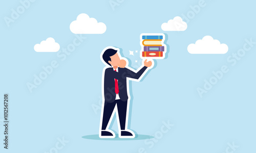 A businessman is showing a shiny stack of books, illustrating the submission of business project reports to the project owner.
