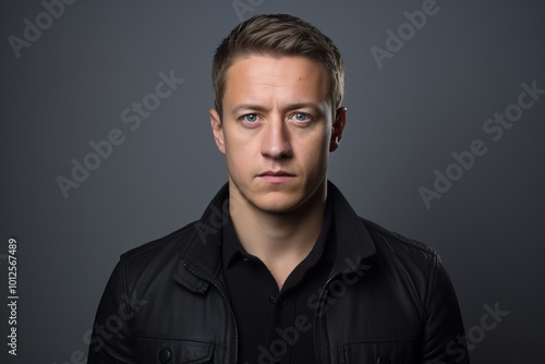 Portrait of a young man in a black leather jacket on a dark background