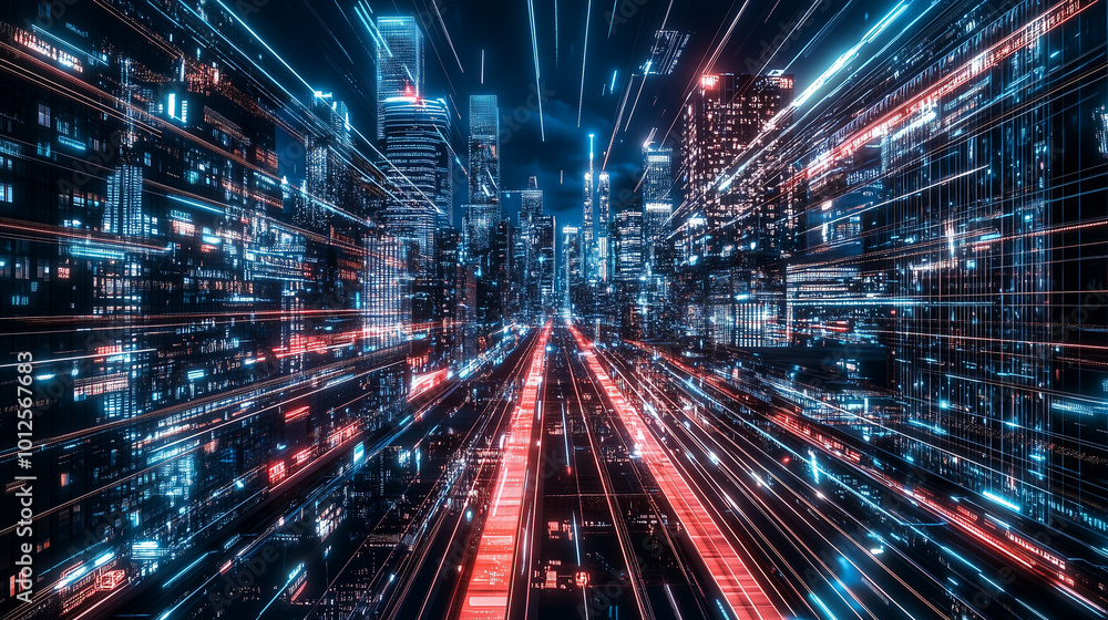 Abstract digital cityscape with flowing lines and holograms. Futuristic tech. Blurred foreground. Red path for progress. Abstract digital cityscape with flowing lines and holograms. Futuristic tech. Blurred foreground. Red path for progress.